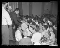 Striking transit union members voting on proposals from company in Los Angeles, Calif., 1950