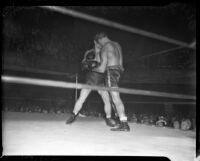 Boxers "Young Stuhley" Stuhlsatz and Gus Lesnevich spar in downtown Los Angeles. June 22, 1937