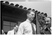 Russian aviators meet the press after breaking the non-stop flight record, flying from Moscow to San Jacinto, CA. July 14, 1937