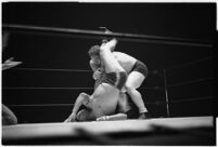 Wrestling heavyweights Gus Sonnenberg and Baptiste Paul grappling at the Olympic, Los Angeles, 1937