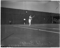 Champion tennis player Don Budge on the court, Los Angeles