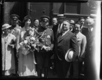 Prince and Princess Kaya of Japan pose with Mayor Frank Shaw at La Grande Station, Los Angeles, 1934