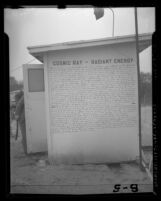 Ralph Hylton's "Cosmic Ray Radiant Energy" sign posted on his cosmic ray health center near Long Beach, Calif. in 1946