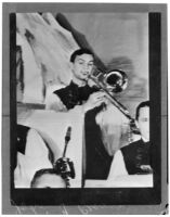 Photograph of John Frank Reavis playing the trombone, Los Angeles, May 1940