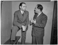 Peter Pianezzi with his lawyer Nathan O. Freedman, at a trial where he is charged with the murders of George (Les) Bruneman and Frank A. Greuzard, Los Angeles, 1940s