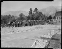 Workers line up for food during forest fire, Altadena, California, October 1935