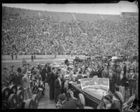 President Franklin D. Roosevelt speaks to the crowd at Los Angeles Memorial Coliseum, October 1, 1935