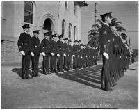 Harvard Military Academy cadets standing in two lines outside a building, Los Angeles