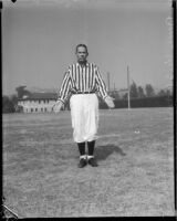 College football referee Bruce Kirkpatrick demonstrating hand signals, Los Angeles, circa 1935