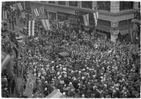 Aerial view of parade route for the Mystic Shrine's Durbar Festival, Los Angeles, 1937