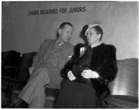 Ruth Reis and Stanley G. Reis wait to provide testimony during the murder trial for Dr. George K. Dazey who was accused of murdering his wife, Los Angeles, 1940