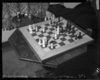 Chess set on a table in the house of actor John Gilbert, Beverly Hills, 1936