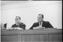 California state assemblymen meet to discuss the strike at the San Jacinto tunnel portion of the Colorado River aqueduct construction project, October 27, 1937