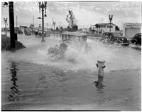 Automobile drives through flooding at McKinley Ave. and Manchester Ave., Los Angeles, February 25, 1940