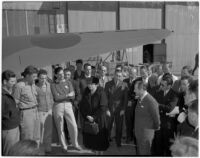 Secretary of Labor Frances Perkins speaks to crowd at Lockheed Aircraft Corporation, Los Angeles, 1940