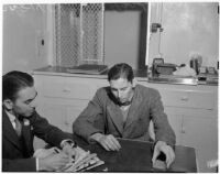 Charles Hardaker is questioned by an investigator after the arrest of his wife for the murder of their daughter, Los Angeles, 1940