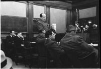 Defense attorney Jerry Giesler in court during the trial of accused murderer Paul A. Wright, Los Angeles, 1938