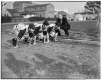 Dean Cromwell coaching new players on the Los Angeles Angels baseball team, Los Angeles, 1940