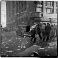 Crowd celebrates Japan's surrender during World War II in the streets of downtown Los Angeles, August 15 and 16, 1945