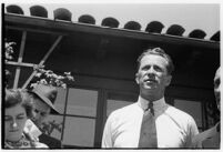 Russian aviators meet the press after breaking the non-stop flight record, flying from Moscow to San Jacinto, CA. July 14, 1937