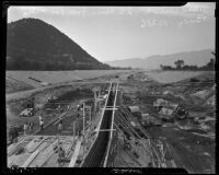 View from the Los Feliz bridge of flood-control construction in the Los Angeles River valley, Los Angeles, 1937