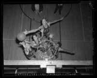 View from above basket of Los Angeles Polytechnic High School basketball game, circa 1939