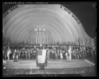 Hollywood Bowl stage crowded with people at Moral Re-Armament Rally, Los Angeles, 1939