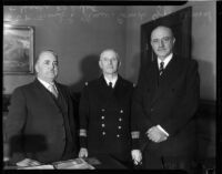 Capt. Yves Donval poses with French Consul Henri Didot and Mayor Frank L. Shaw, Los Angeles, 1935