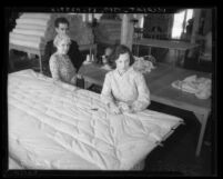 Woman sewing mattress in California State Emergency Relief Administration work program, 1935