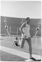 UCLA track athlete about to perform the long jump, Los Angeles, 1937