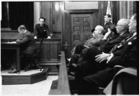 View from the juror's bench of accused murderer Paul A. Wright on the stand, Los Angeles, 1938