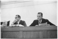 California state assemblymen meet to discuss the strike at the San Jacinto tunnel portion of the Colorado River aqueduct construction project, October 27, 1937