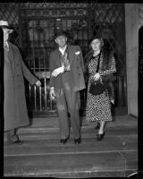 Buron Fitts leaving the hospital with his wife after recovering from an assassination attempt, Los Angeles, 1937