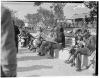 Spectators read the paper at the Santa Anita racetrack, February 22, 1937