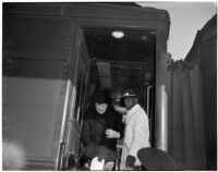 Secretary of Labor Frances Perkins arrives by train, Los Angeles, 1940