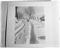 Photograph of a child walking through the snow, featured in the annual Popular Photography exhibit, 1940s