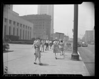 Pickets at the Los Angeles Federal Building in support of 20 "conchies" arrested for violating the Selective Service Act in 1946