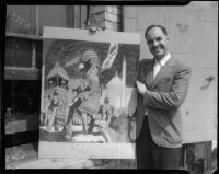 Artist Philip DeGuard and his painting "Princess Unveils," Los Angeles, 1935