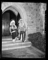 Chris Willowbird and Iron Eyes Cody, in tribal dress, at funeral of composer Charles Wakefield Cadman