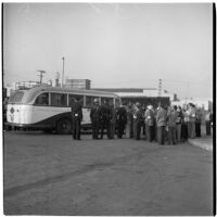 Police and strikers gathered outside a bus during the Conference of Studio Unions strike against all Hollywood studios, Los Angeles, October 19, 1945