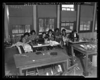 Group of young women sewing at National Youth Administration's Macy Street school, Los Angeles, circa 1938