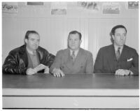 Sportswriters J.J. Murphy, Maurice Bernard and Bill Amis at Santa Anita Racetrack, Arcadia, 1930s