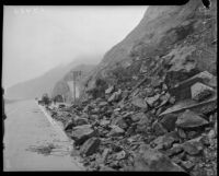 Debris blocks the Pacific Coast Highway after a landslide in Topanga Canyon, Los Angeles, 1930s