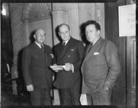 Jerome Sears, Frank Walker, and Frank McLaughlin at meeting of California aid agency, Los Angeles, November 1935