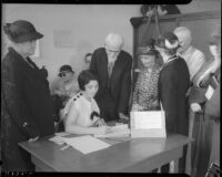 Elderly persons wait in line for pension application under the Old Age Security Act, Los Angeles, 1935