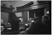 Defense attorney Jerry Giesler in court during the trial of accused murderer Paul A. Wright, Los Angeles, 1938