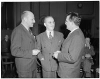 William J. Cook, Edward Levine, and unidentified man at the liquor license bribe trial, Oct. 1939 - May 1940