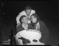 Race car drivers Rex Mays and Bob Swanson pose at the Legion Ascot speedway, Los Angeles, 1935