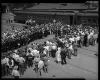 Crowd welcomes Prince and Princess Kaya of Japan at the La Grande Station, Los Angeles, 1934