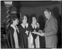 Evangelists Roberta Semple, Rheba Crawford, and Harriet Jordan, and the attorney Jacob Moidel, awaiting pastor Aimee Semple McPherson of Angelus Temple, Los Angeles, 1936